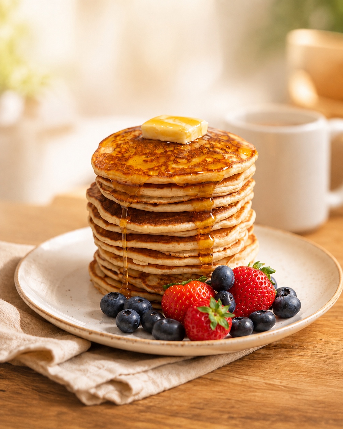 A stack of Jubilee pancakes with syrup, plant-based butter, strawberries, and blueberries